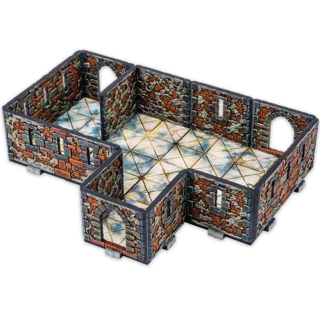 Detaljerat modulärt miniatyr rum i Dungeons & Lasers Royal Castle med väderbitna röda och grå tegelväggar, valvportar och små fönster