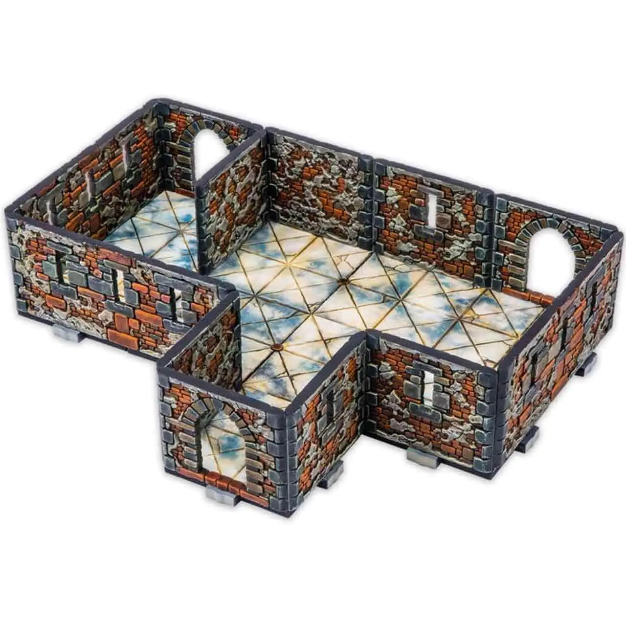 Detaljerat modulärt miniatyr rum i Dungeons & Lasers Royal Castle med väderbitna röda och grå tegelväggar, valvportar och små fönster