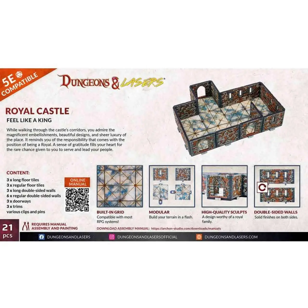 Royal Castle terrängset från Dungeons & Lasers med intrikata målade modulväggar och golvplattor