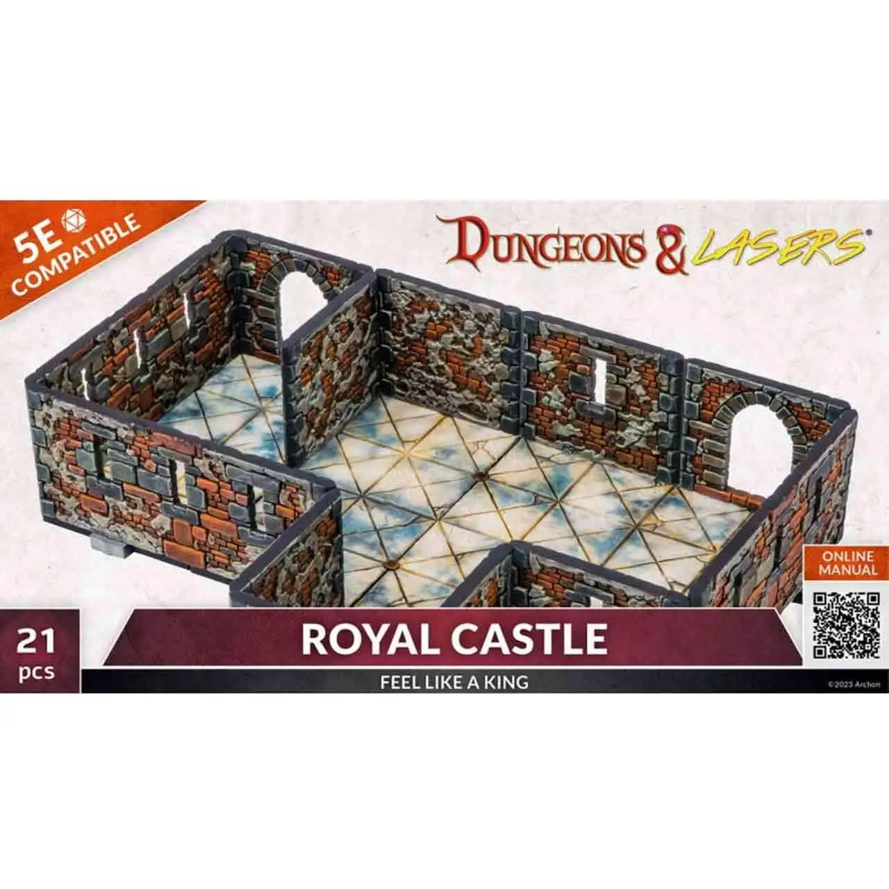 Dungeons & Lasers Royal Castle-leksak med detaljerade stenmurar i rött och grått tegel samt beige-blå kakelgolv