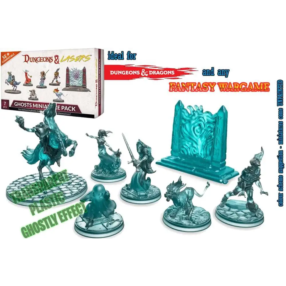 Translucid turkosa plastminiatyrer med spökefeel och bas för Dungeons & Dragons