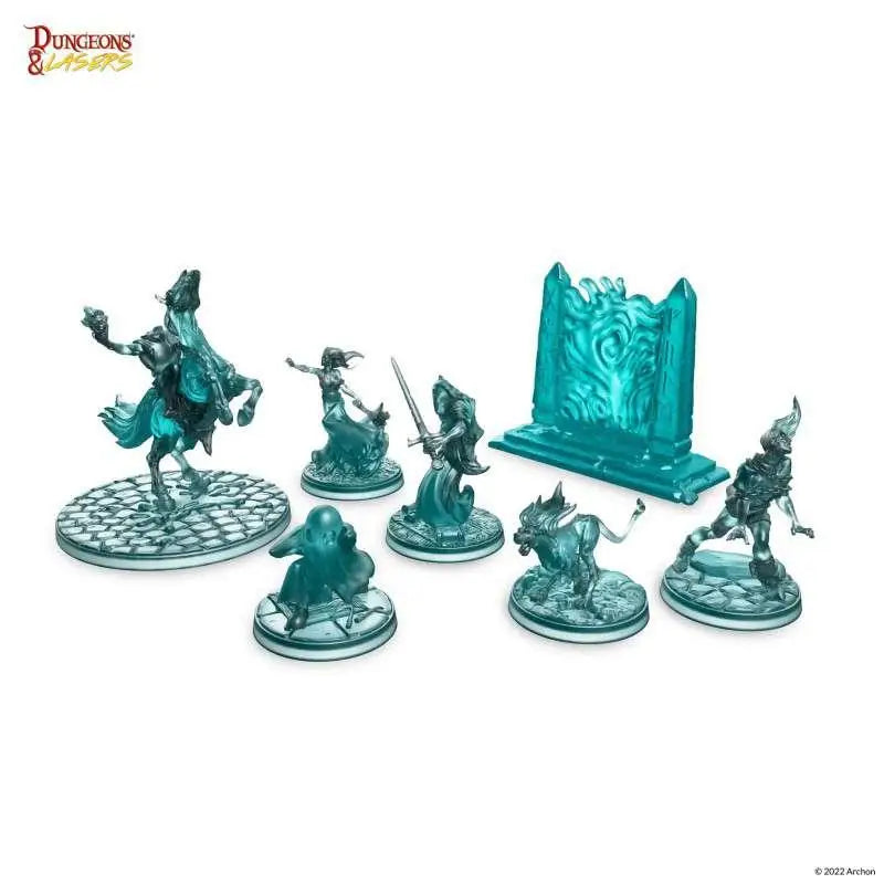 Tealtransparanta plastminiatyrer och matchande portal från Dungeons & Dragons 5E i Dungeons & Lasers Spöken-set