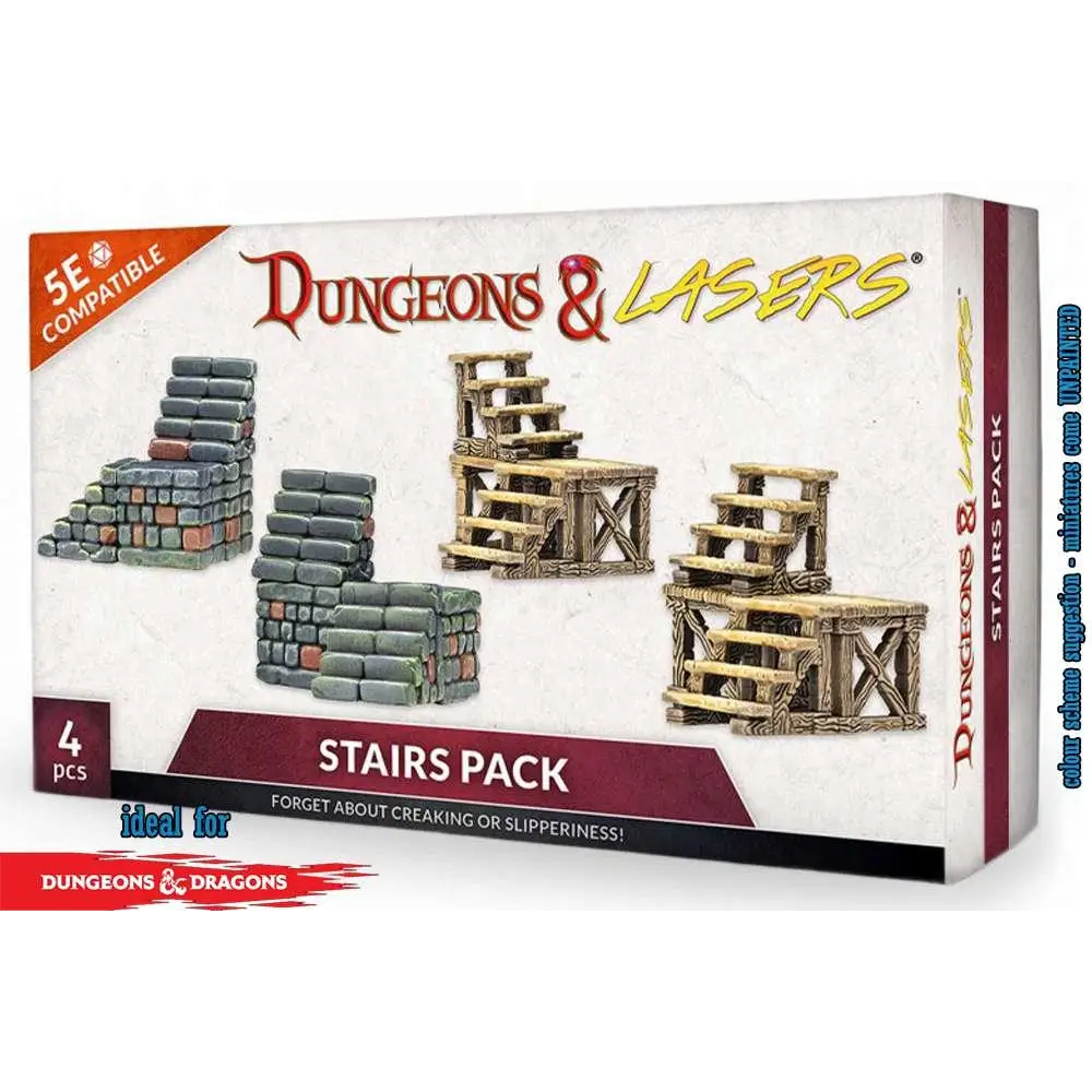 Dungeons & Lasers trapppaket med fyra miniatyrtrappor i sten och trä