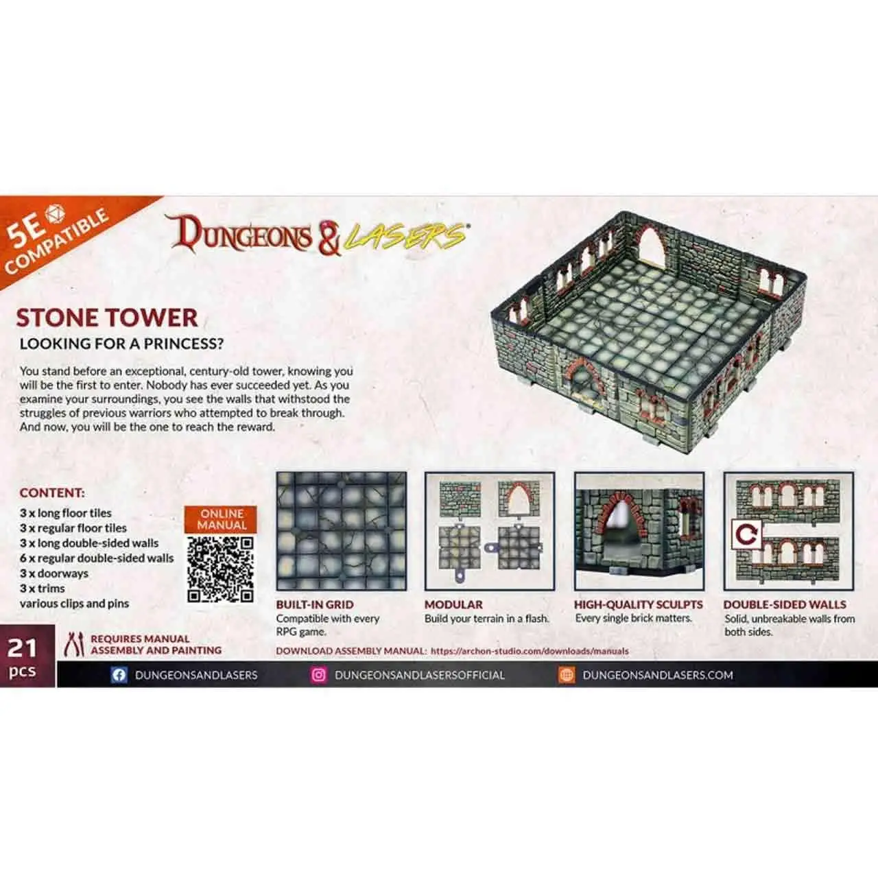 Dungeons & Lasers Sten Torn med modulära sten väggar och golvplattor