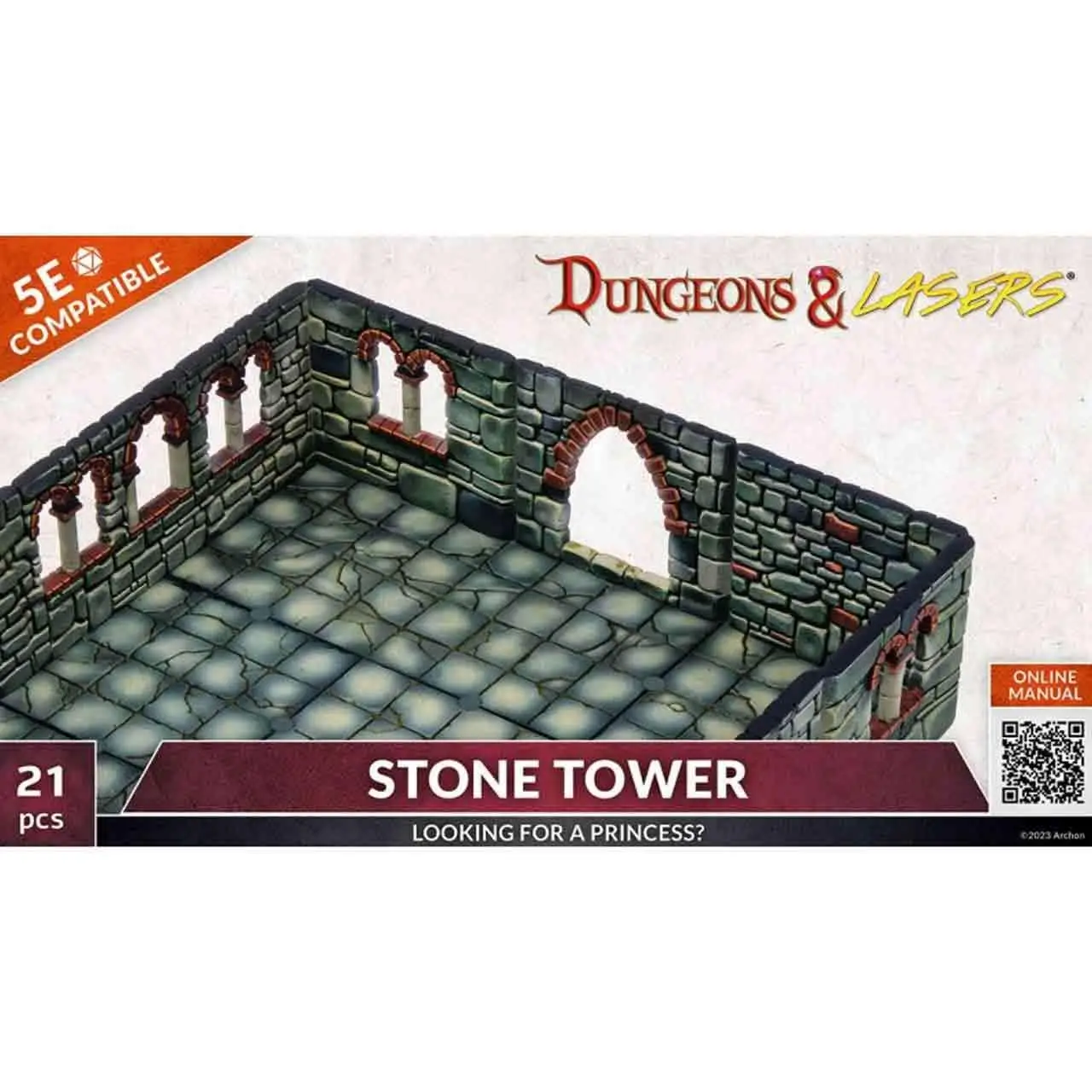 Dungeons & Lasers sten torn med grå väggar, röda tegel och valv