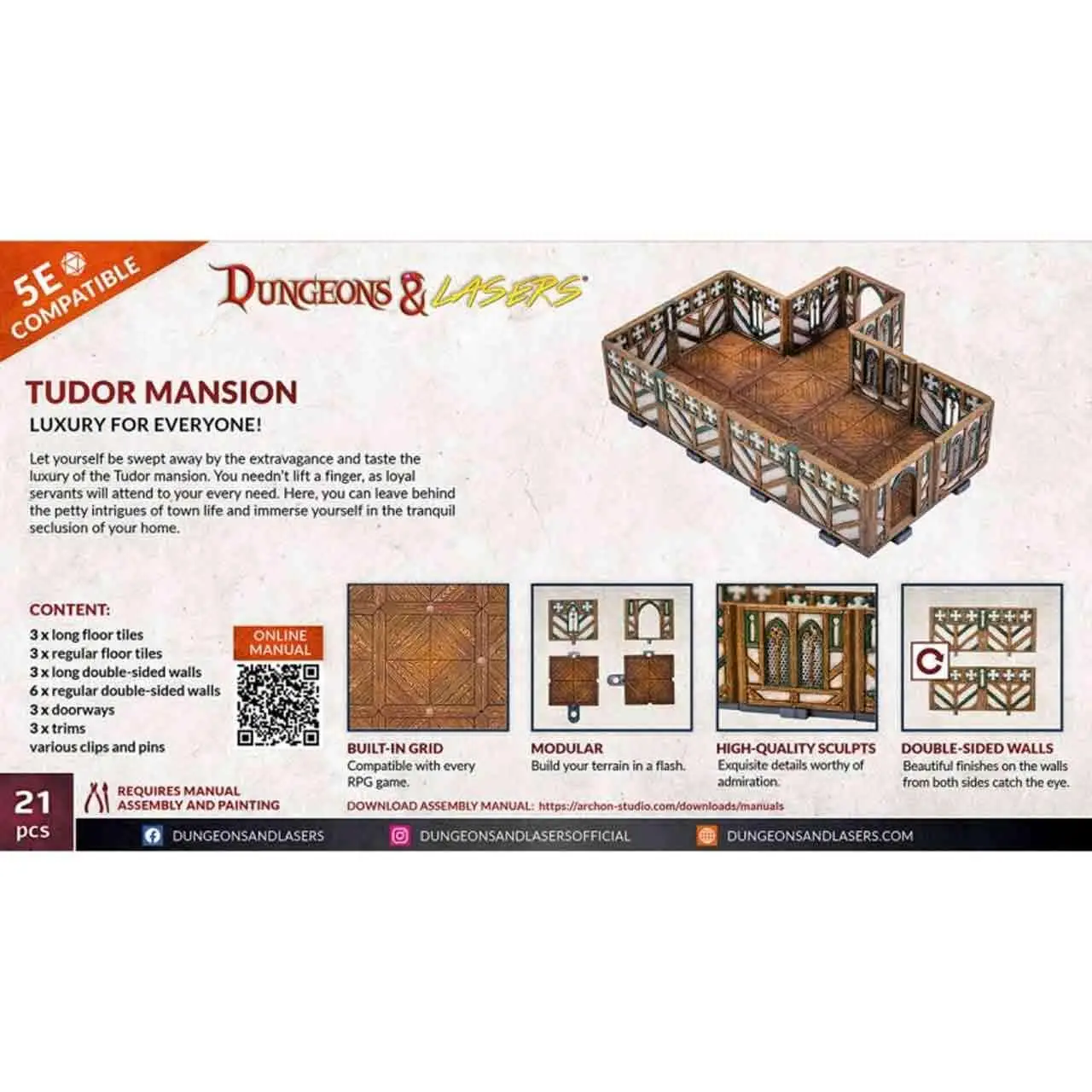 Tudorherrgårdsminiature för Dungeons & Lasers med träbalkar och kakelgolv