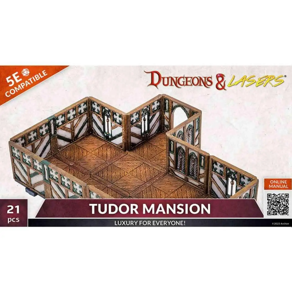 Dungeons & Lasers Tudor Mansion miniatyr med timmerramade väggar i svartvitt