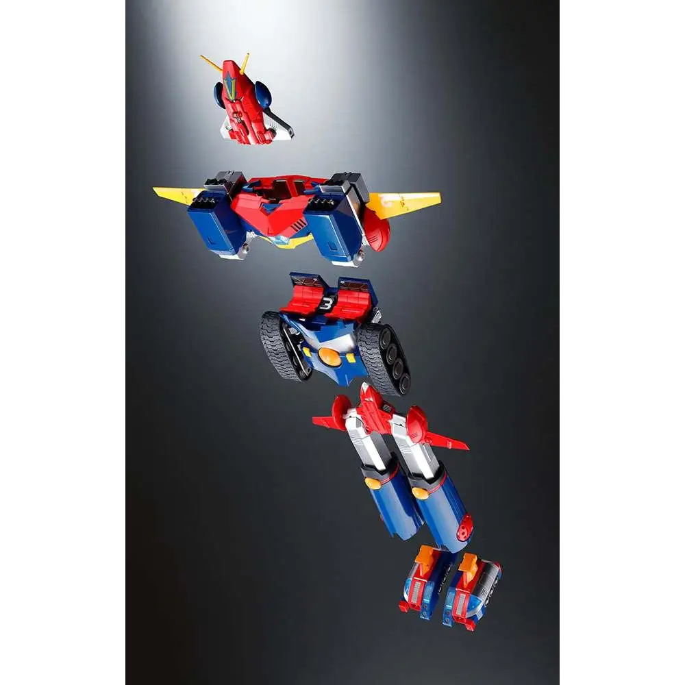 Röd, blå och gul plastrobot i monterad form, Dx-03 Combatler V die cast-figur
