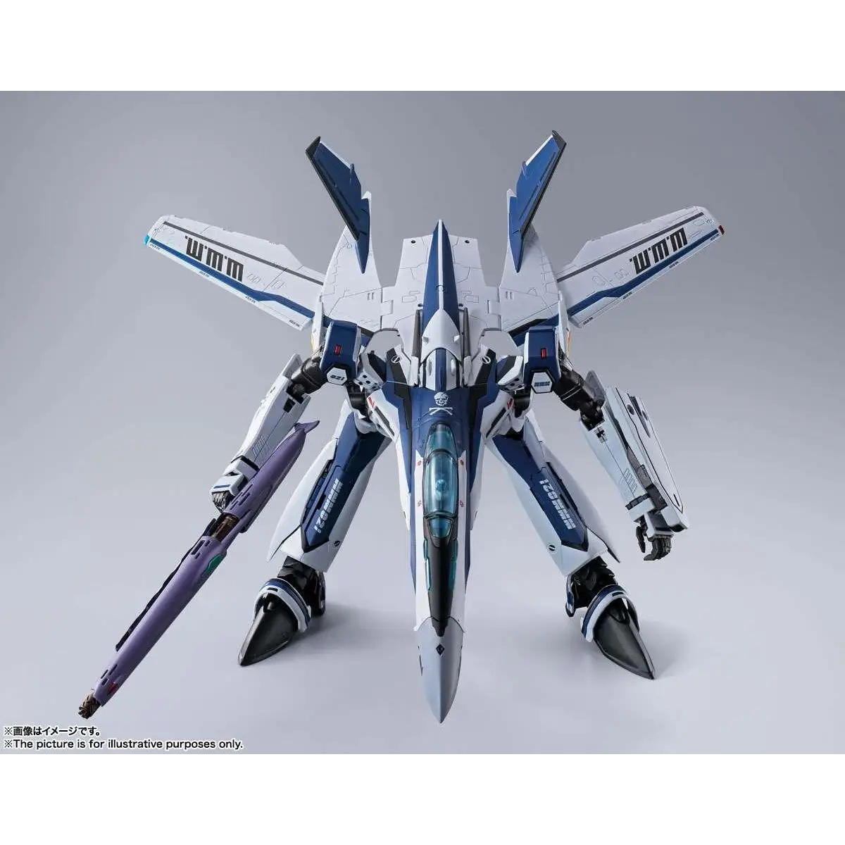 Blå och vit die-cast modell av VF-1S Super från Macross, detaljerad