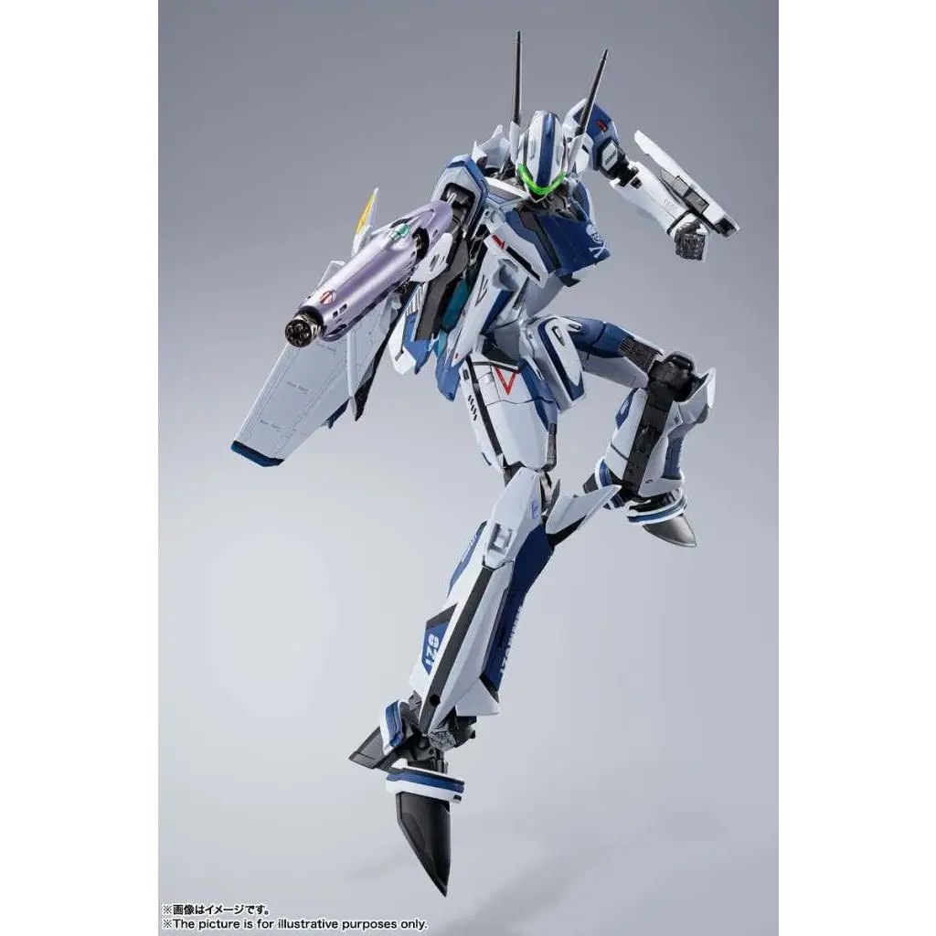 Vit vit-blå plastmeka Dx Macross VF-25 Messiah Valkyrie Anniversary Edition med gröna accenter, detaljerad rustning och vapenfästen