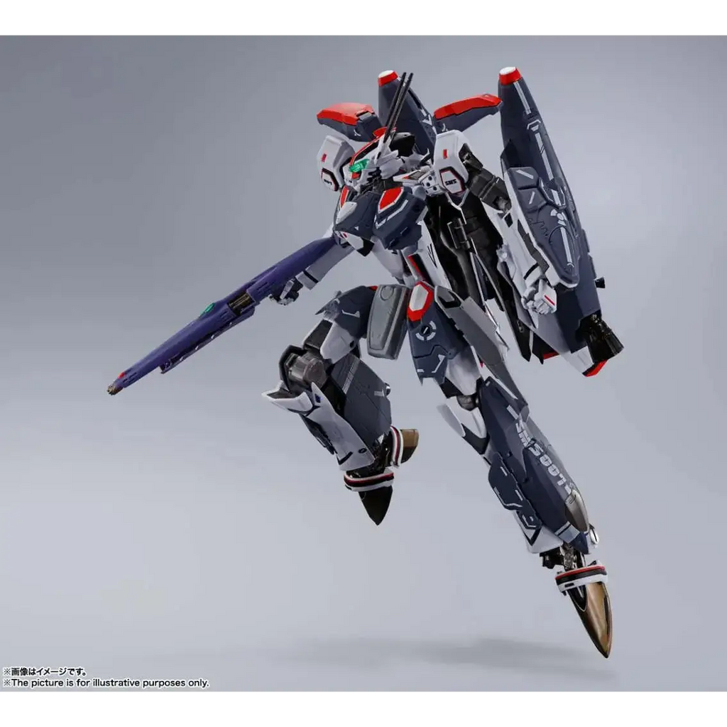 Grå och vit Gundam-modell med röda accenter i Dx Macross VF25F Super Messiah Valkyrie