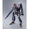 Grå och vit pansrad mechafigur med röda accenter från Dx Macross VF25F Super Messiah Valkyrie