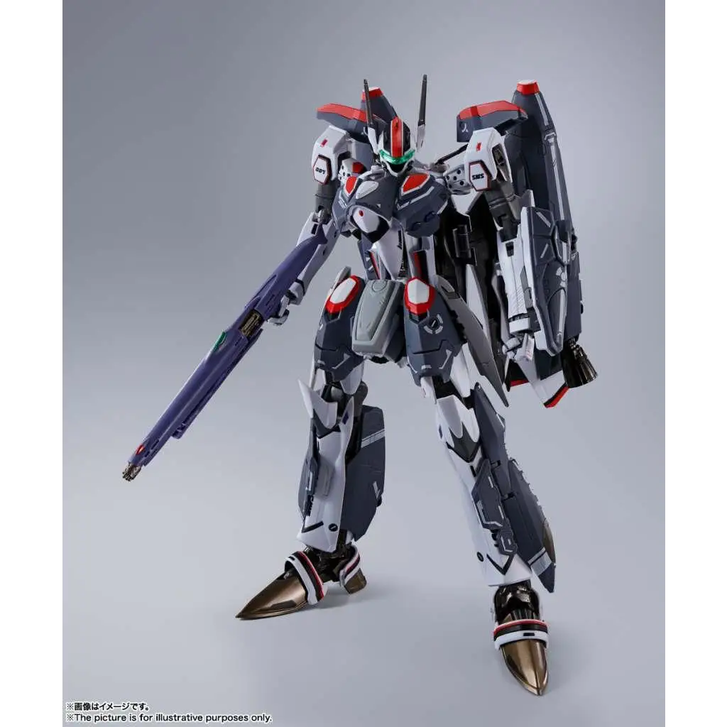 Grå och vit pansrad mechafigur med röda accenter från Dx Macross VF25F Super Messiah Valkyrie