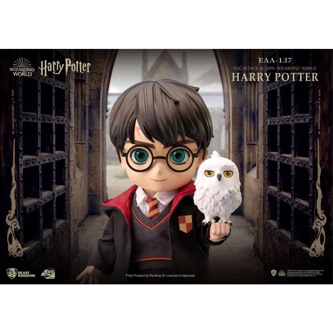 Chibi Harry Potter-figur i Egg Attack Action, med brun mantel, glasögon och uggla