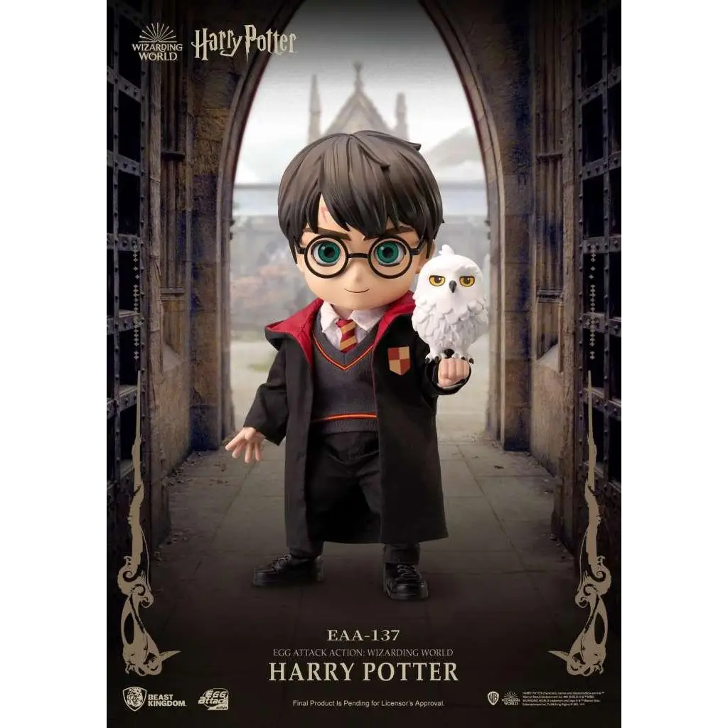 Chibi Harry Potter-figur i svart Hogwarts-robe med röd foder, glasögon och vit uggla