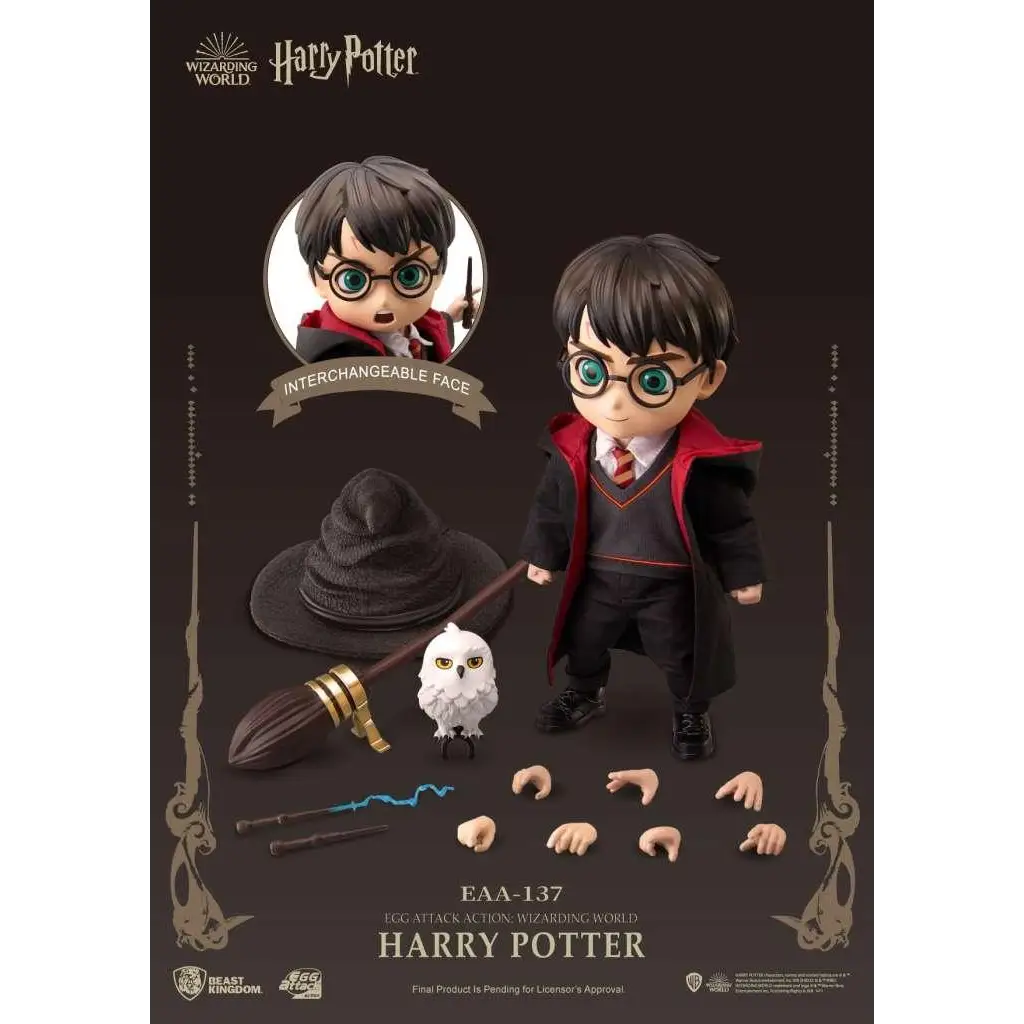 Egg Attack Action Harry Potter-figur med svart mantel, röd foder, glasögon och randig slips