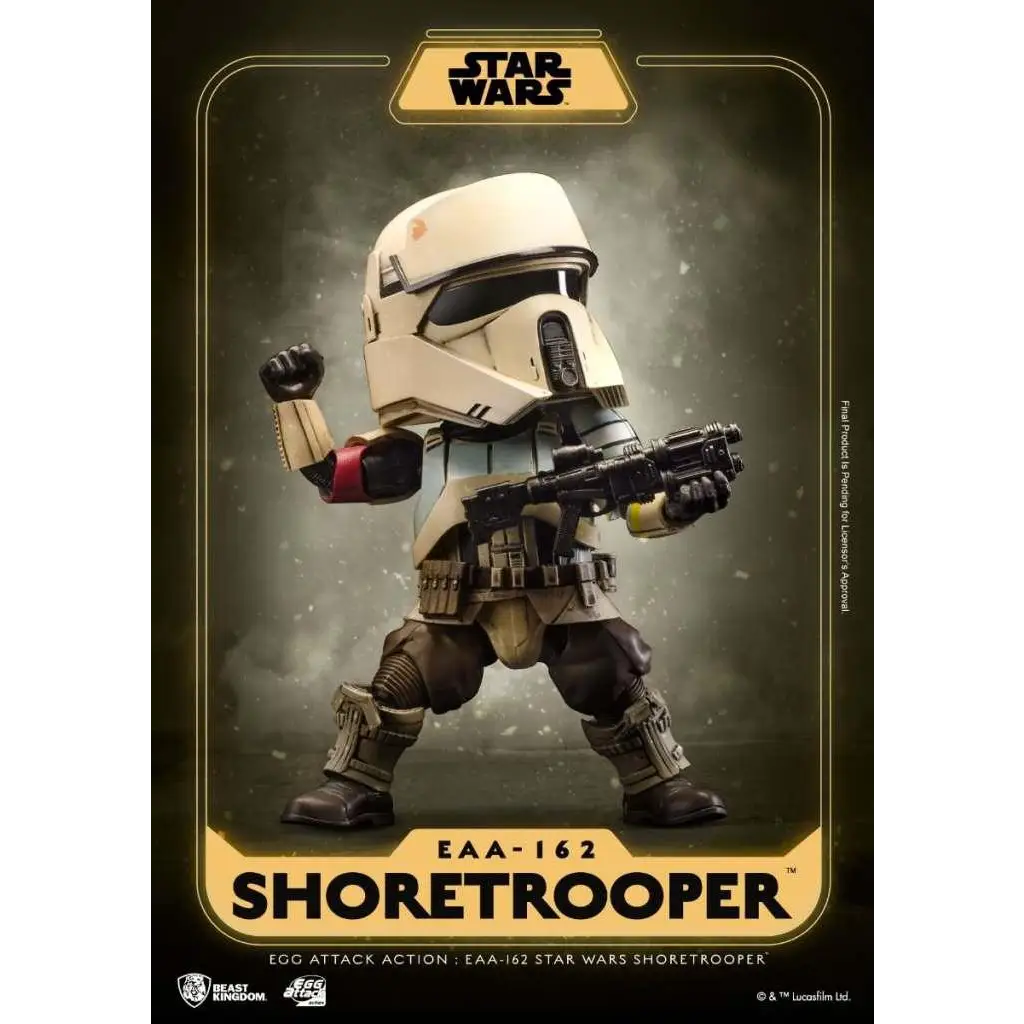 Chibi-stilad vit och tan Shoretrooper-figur med svarta accenter, håller blasterrifle