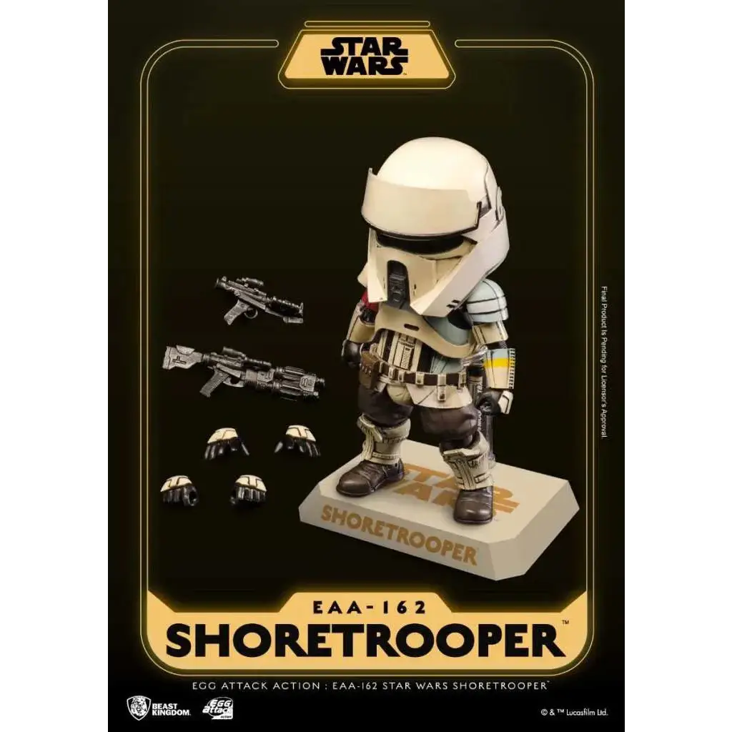 Vit Shoretrooper actionfigur från Egg Attack, vit och grå med svarta accenter på beige bas