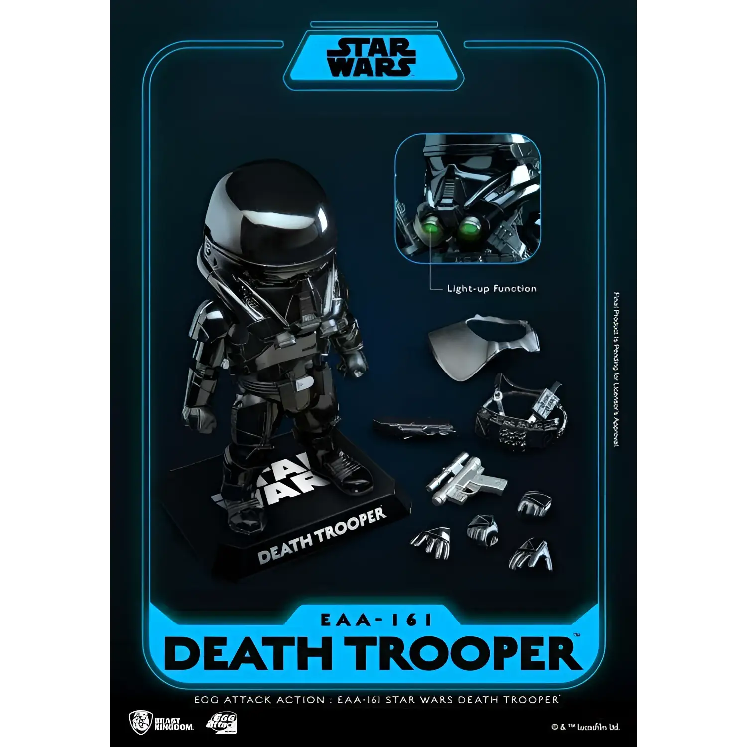 Svart och silver Death Trooper-actionfigur från Egg Attack med gröna lysande ögon och detaljerad rustning