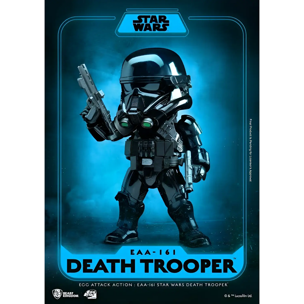 Svart och silver Death Trooper actionfigur med gröna lysande ögon, håller blaster i varje hand