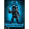Svart och silver Death Trooper actionfigur med gröna lysande ögon, håller blaster i varje hand