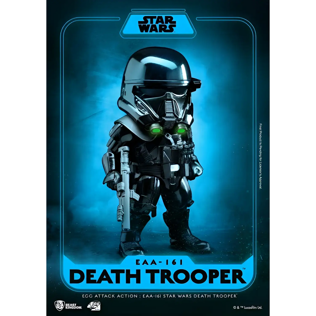 Svart och silver Death Trooper actionfigur med gröna lysande ögon och blastergevär från Egg Attack Action SW