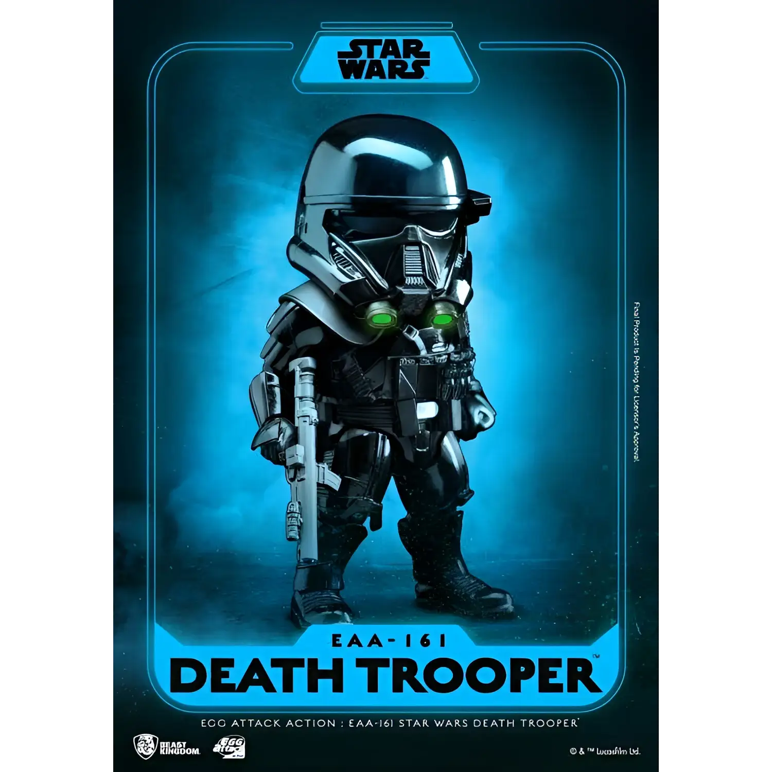 Svart och silver Death Trooper actionfigur med gröna lysande ögon och blastergevär från Egg Attack Action SW