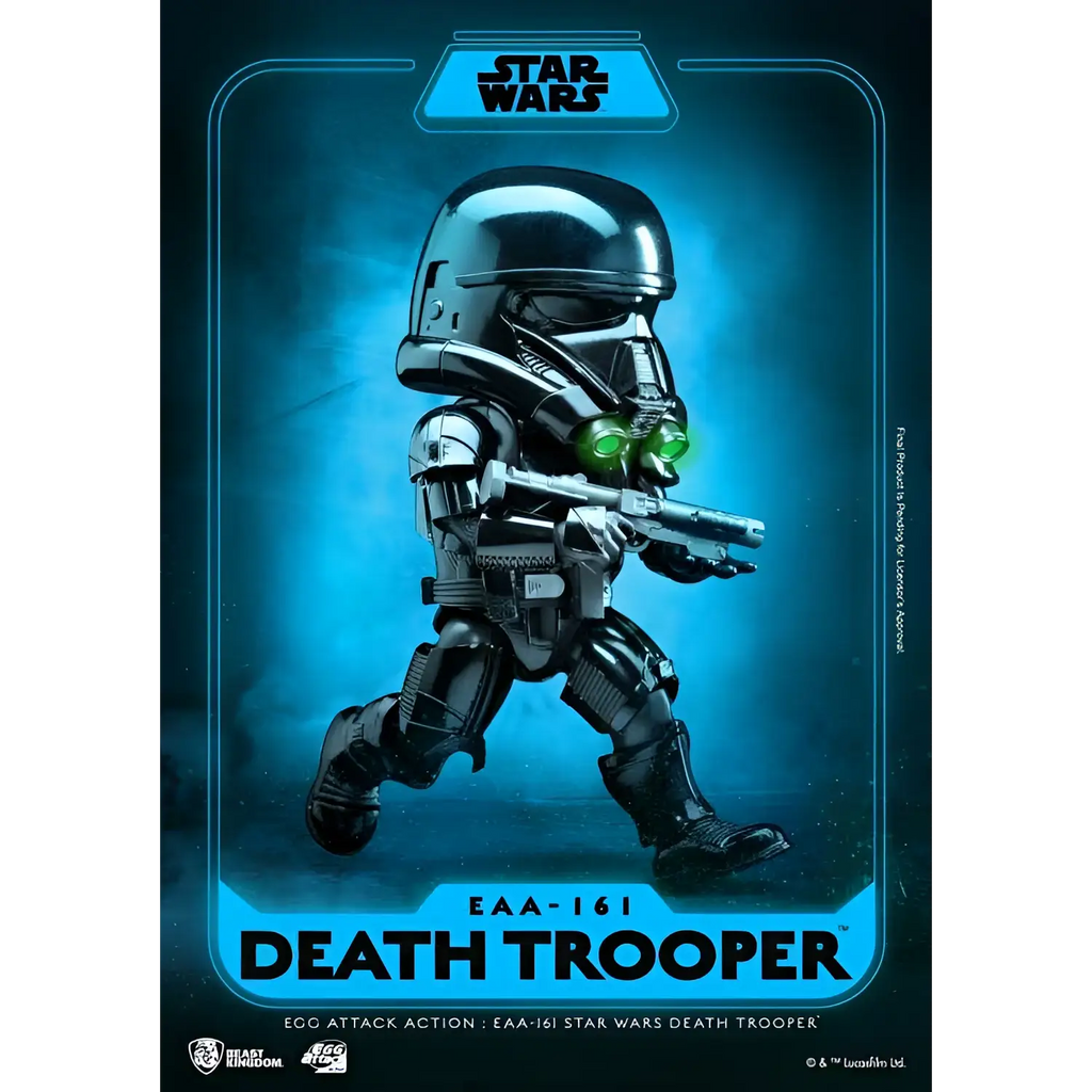 Svart och silver Death Trooper actionfigur med gröna lysande ögon och blaster från Egg Attack Action SW