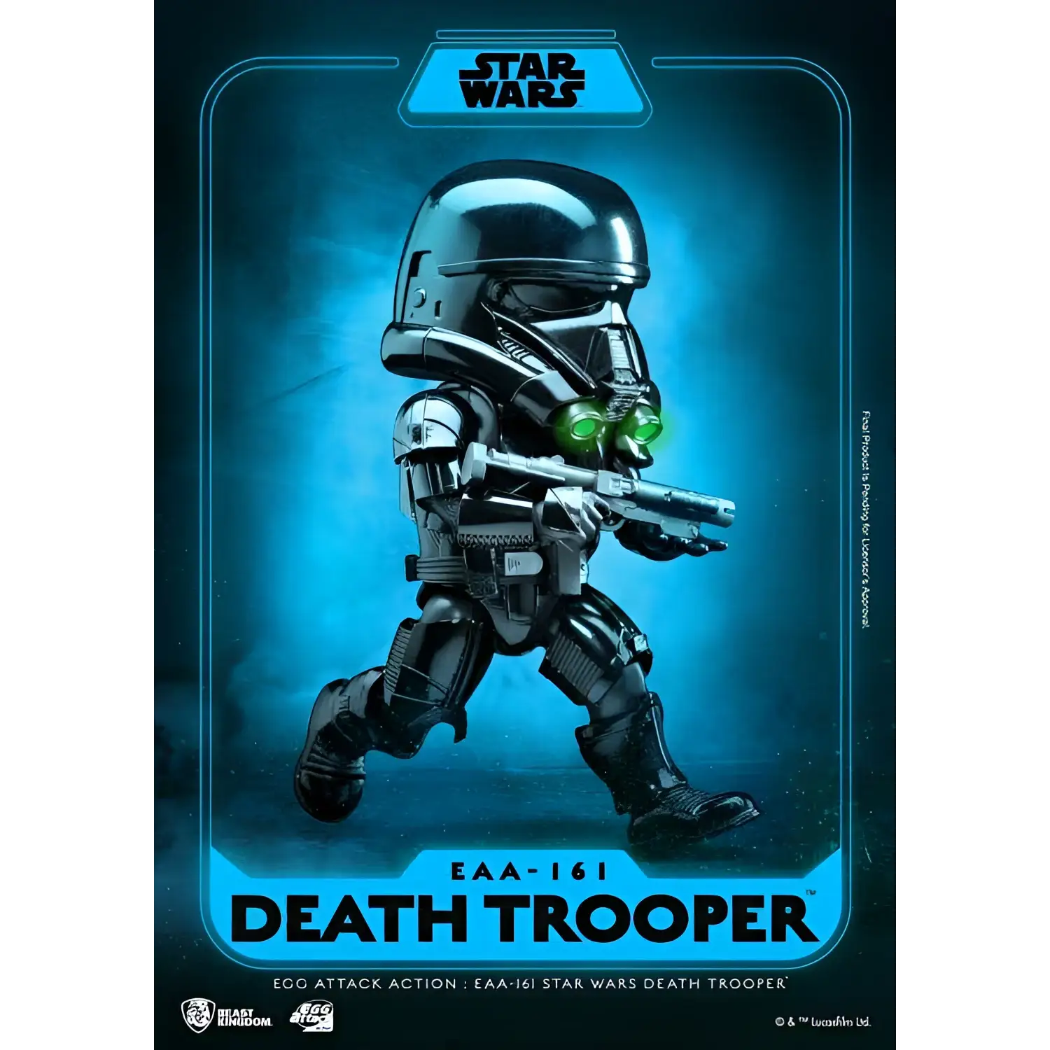 Svart och silver Death Trooper actionfigur med gröna lysande ögon och blaster från Egg Attack Action SW