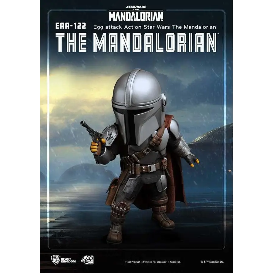 Chibi Mandalorian figur i silver och svart rustning med blasterpistol från Egg Attack