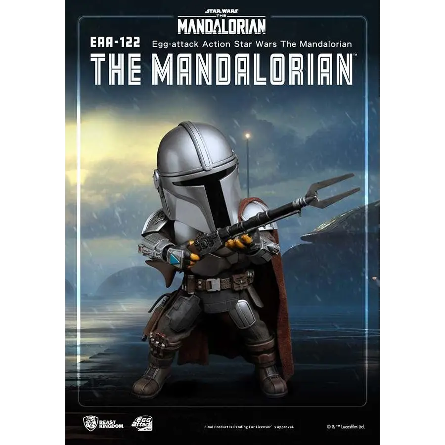 Silver och svart rustad Mandalorian-actionfigur i dynamisk pose med vapen från Egg Attack-serien