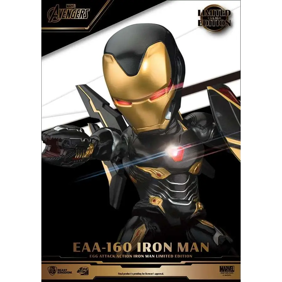 Svart och guld Iron Man Mark 50 actionfigur med röda glödande ögon i Egg Attack-pose