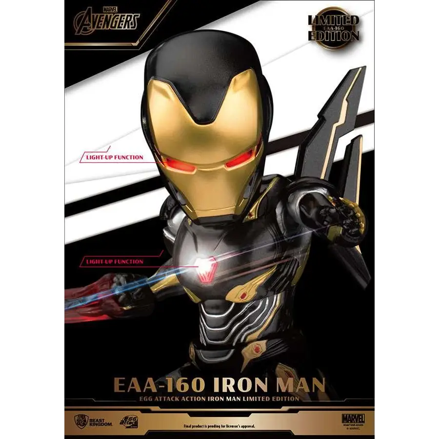 Svart och guld Iron Man Mark 50 actionfigur med röda glödande ögon och bröstljus
