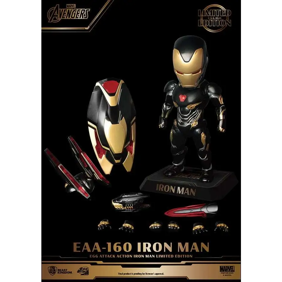 Svart och guld Iron Man bobblehead med röda accenter, Egg Attack Avengers Mark 50 limited edition
