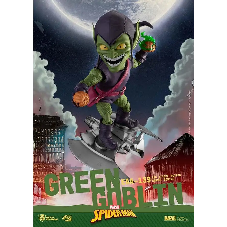 Egg Attack Marvel Green Goblin-figur med grön hud, lila huva, mantel, svarta stövlar och pumpabomber