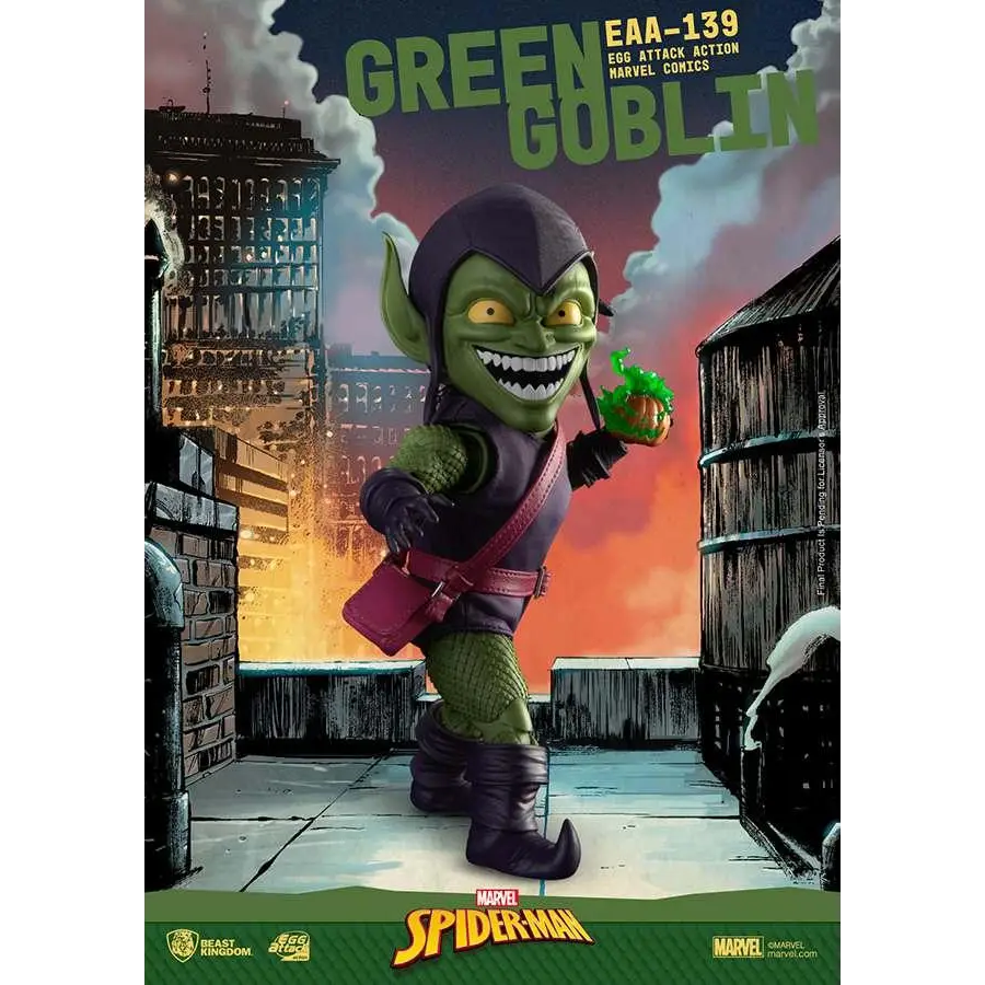 Egg Attack Marvel Comics Green Goblin-figur med grön hud, lila huva och mantel, svarta stövlar och pumpabombe