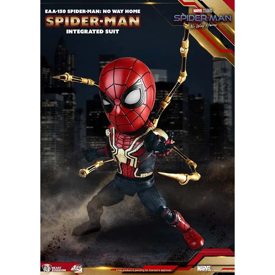 Röd och svart Spider-Man-dräkt med guld web-shooters i chibi-stil från No Way Home