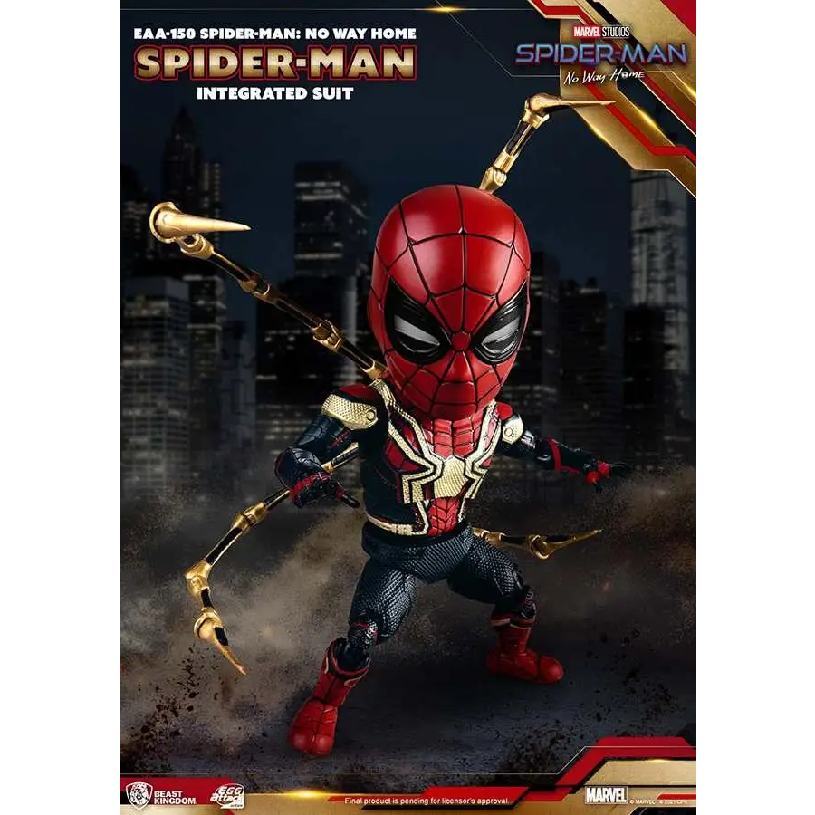 Röd och svart Spider-Man-figur i integrerad dräkt med gulddetaljer