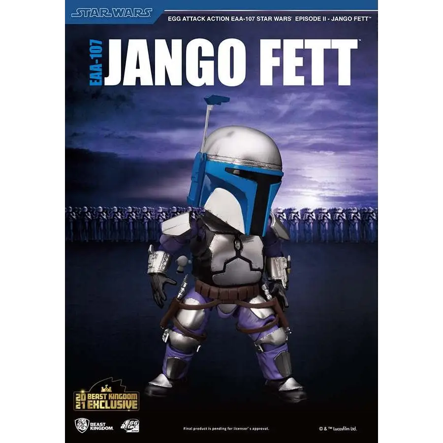 Blå och silverfärgad Jango Fett actionfigur i Egg Attack SW EP II med hjälm och lila accenter