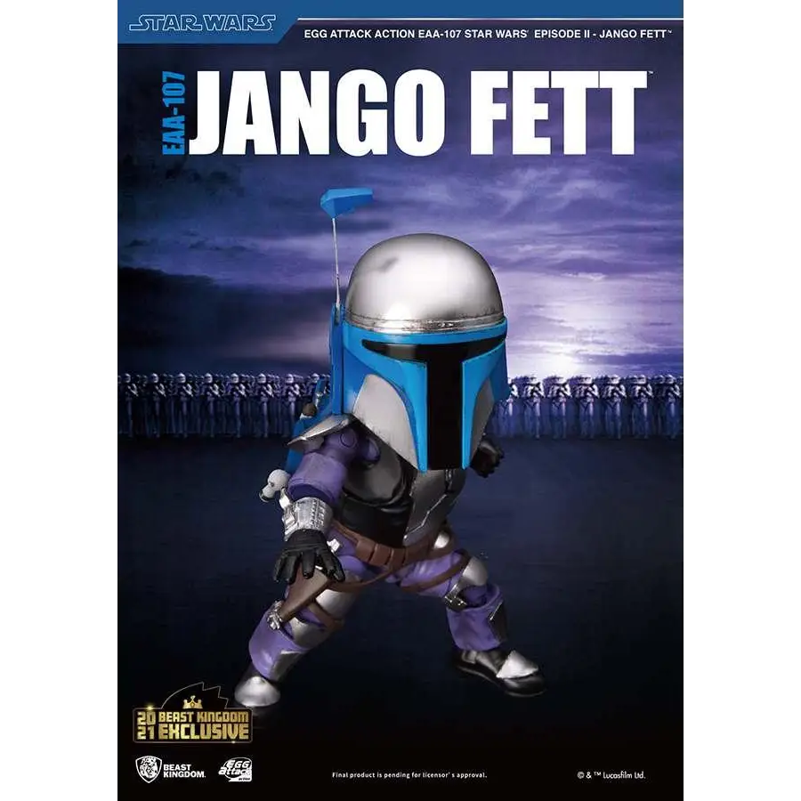 Blå och silverfärgad Jango Fett actionfigur med lila accenter i Egg Attack SW EP II
