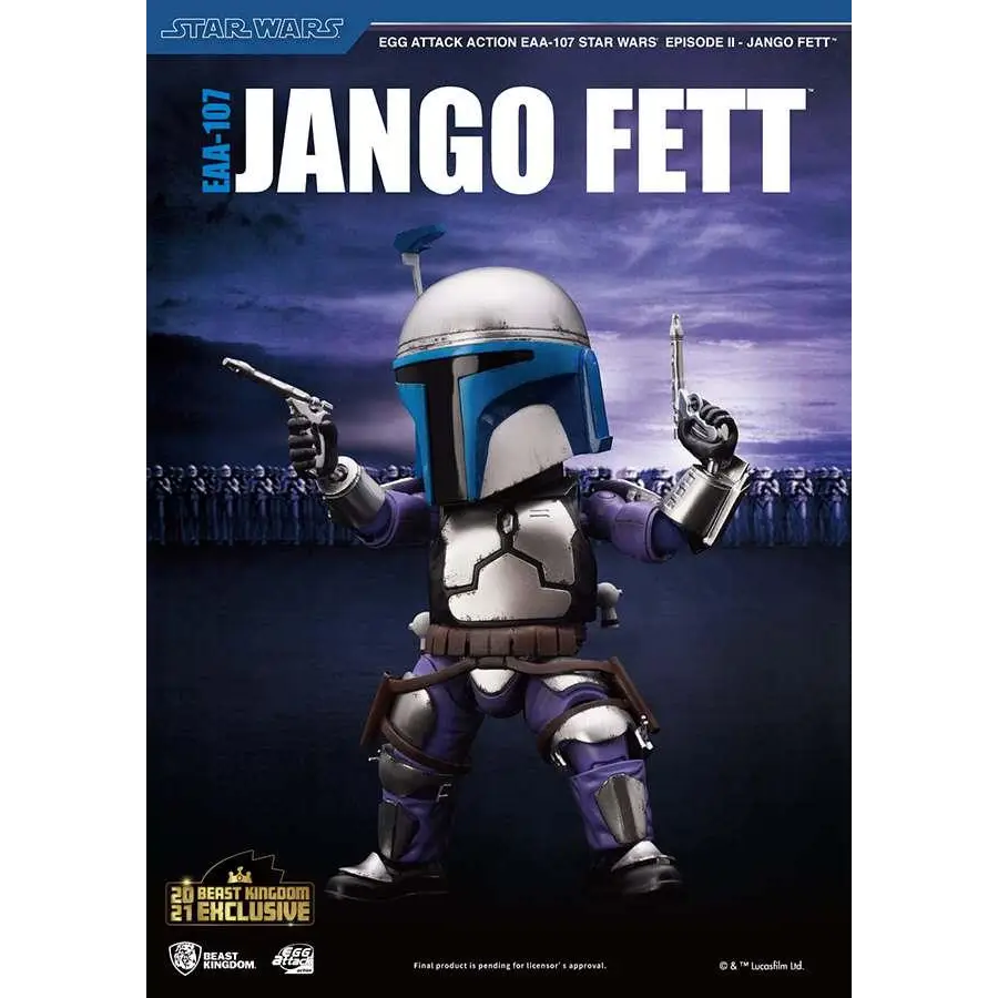 Stiliserad Jango Fett actionfigur i blå-silver Mandalorian rustning med lila accenter från Egg Attack SW EP II