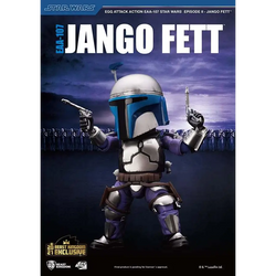 Stiliserad Jango Fett actionfigur i blå-silver Mandalorian rustning med lila accenter från Egg Attack SW EP II
