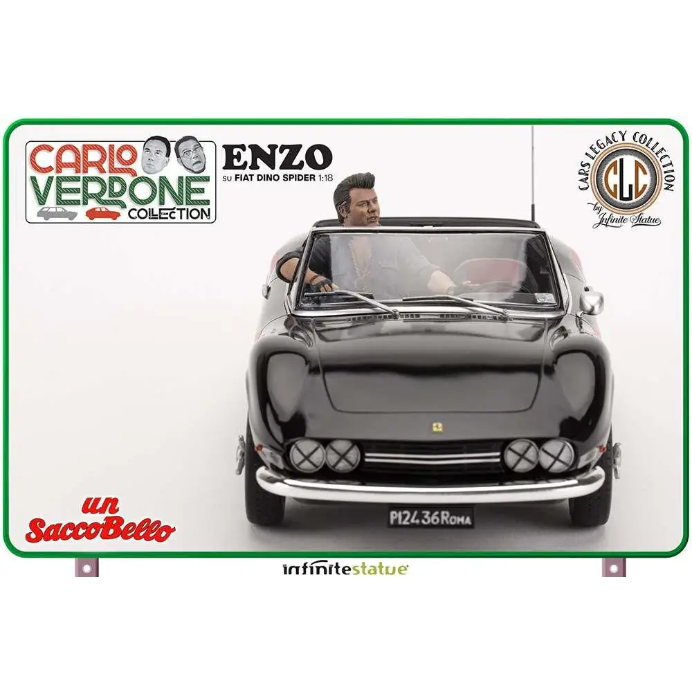 Svart 1:18 Fiat Dino Spider-modell med Enzo-figur och kromdetaljer