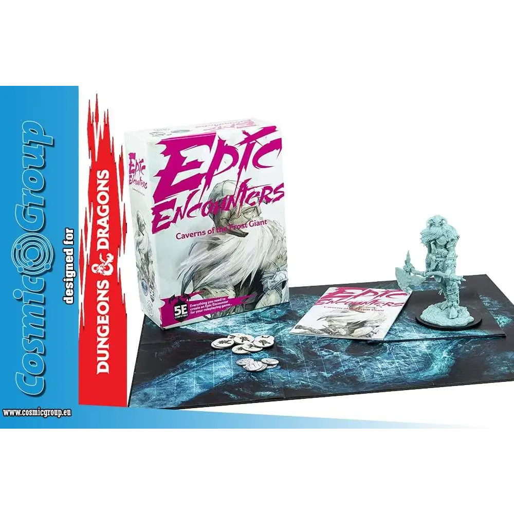 Epic Encounters: Caverns of the Frost Giant-spel med rosa vit låda och teal miniatyr