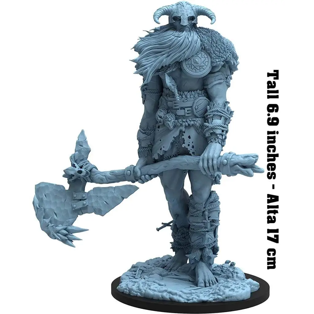 Grå resinfigur av hornad, skäggig krigare i detaljerad rustning från Epic Encounter: Caverns of Frost Giant
