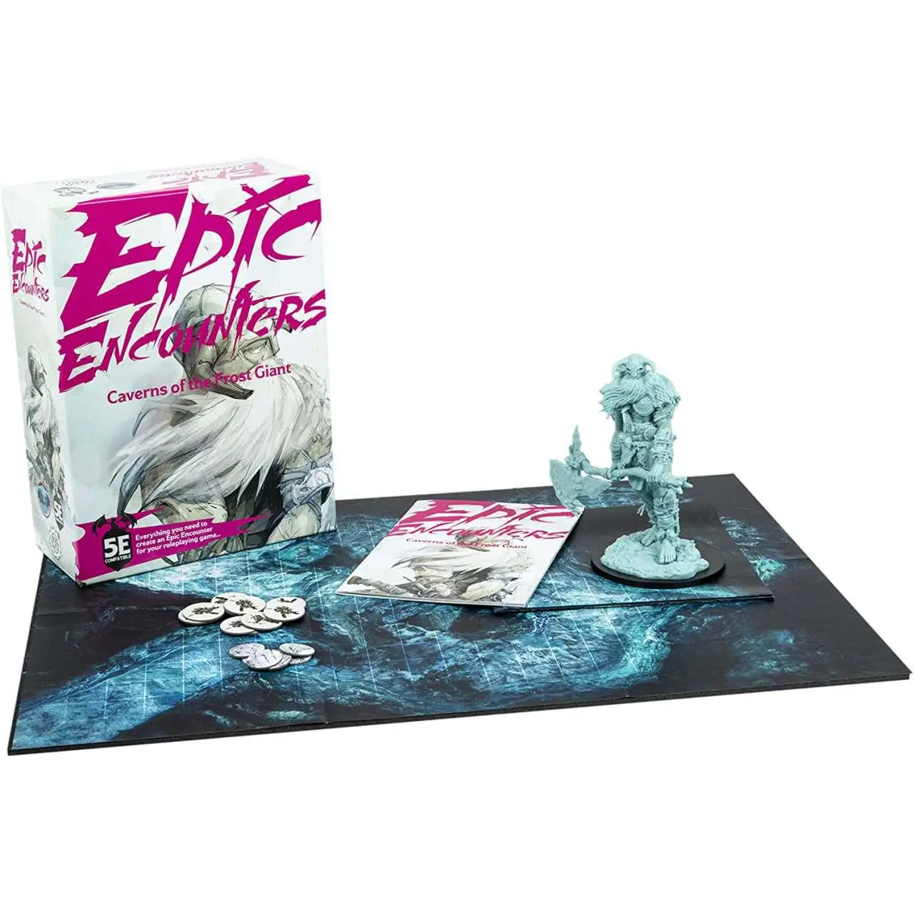 Frostjätteminatyren från Epic Encounters: Caverns of the Frost Giant i ljus turkos resin med detaljerad rustning