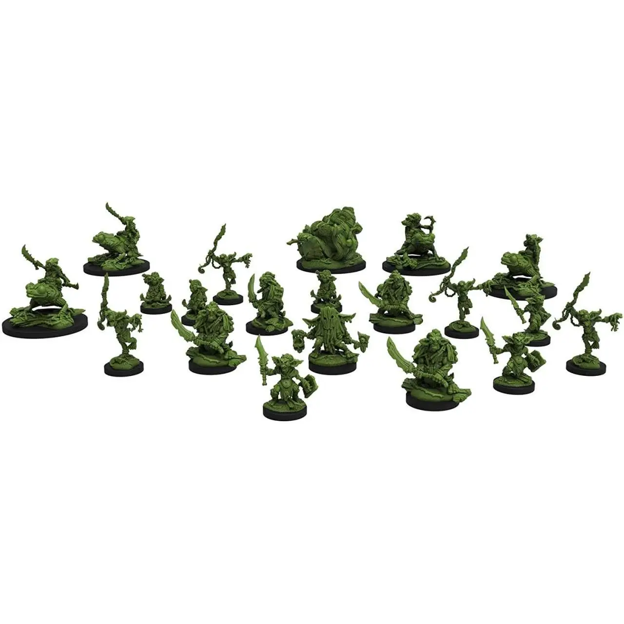 Gröna målade miniatyrfigurer på svarta runda baser i Epic Encounter: Goblin Chief Village