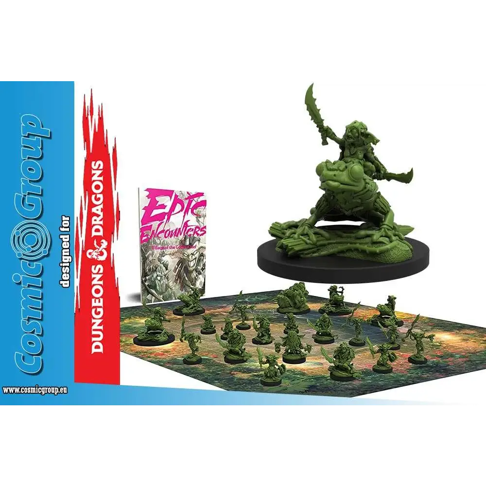 Grön plastminiatur av goblin på groda med svärd för Dungeons & Dragons av Cosmic Group i Epic Encounter: Goblin Chief Village