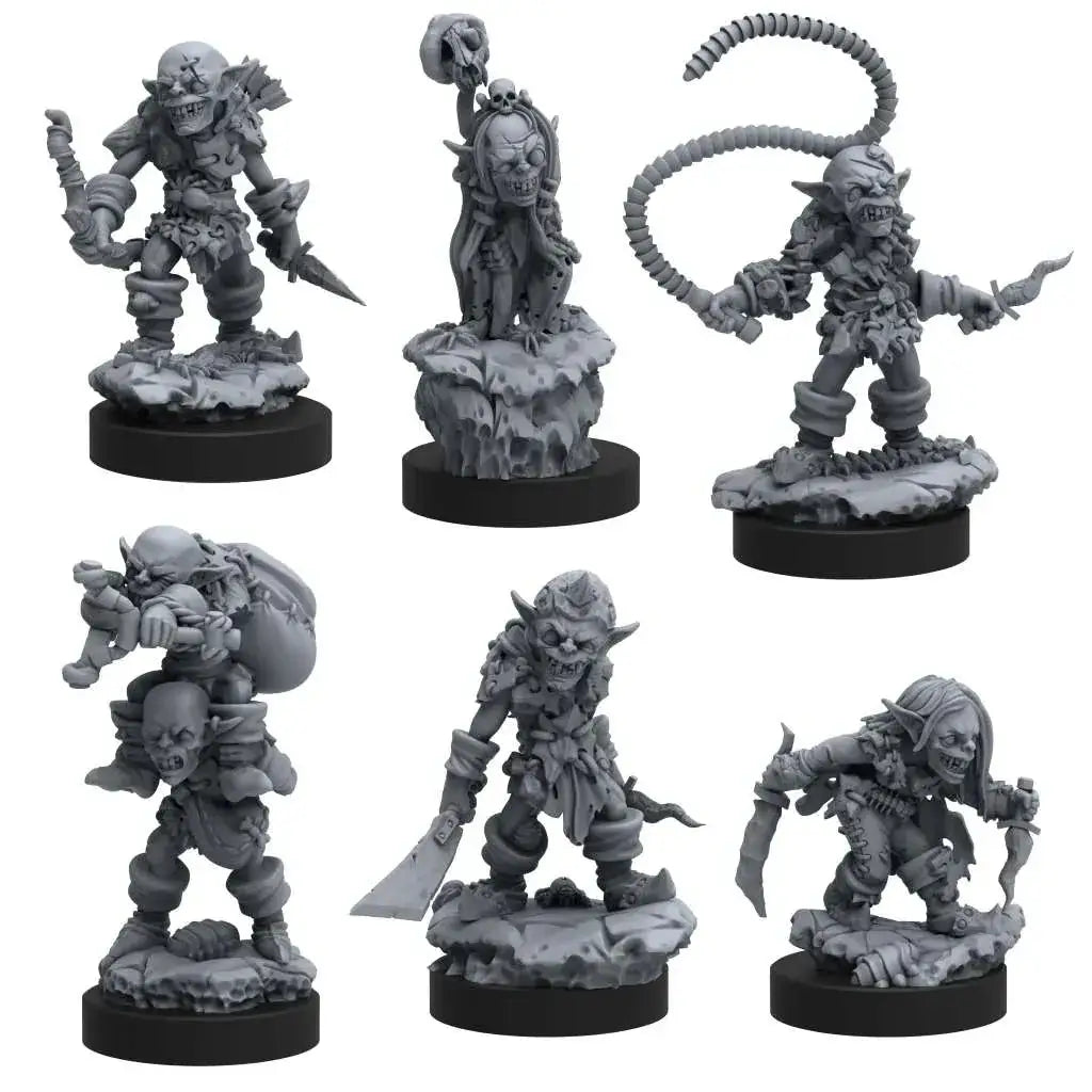 Sex gråa, omålade plastminiatyrer av goblin-liknande figurer i Epic Encounter: Labyrinth of Goblin Tsar