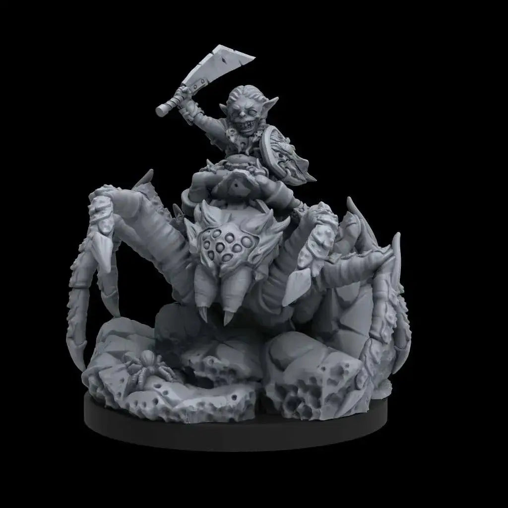 Grå plastminiatyr av goblin-krigare på spindel med yxa i Epic Encounter: Labyrinth of Goblin Tsar